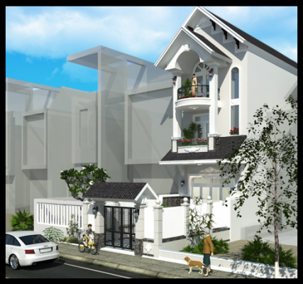 Mô hình phối cảnh 3D mặt tiền mẫu nhà phố đẹp 3 tầng 4x18m nhìn từ góc phố đối diện, bên phải
