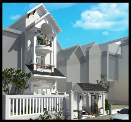 Mô hình phối cảnh 3D mặt tiền mẫu nhà phố đẹp 3 tầng 4x18m nhìn từ góc phố đối diện, bên trái