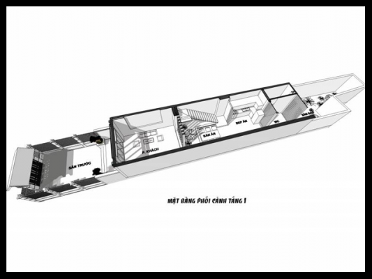 Mô hình tầng 1 của mẫu nhà phố đẹp 3 tầng 4x18m mái thái là trung tâm sinh hoạt chính của cả gia đình