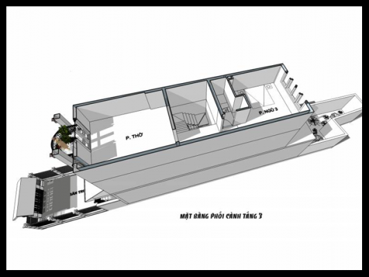 Mô hình tầng 3 của mẫu nhà phố đẹp 3 tầng 4x18m mái thái được bố trí hợp lý và hài hòa với nhu cầu nhà ở hiện đại  